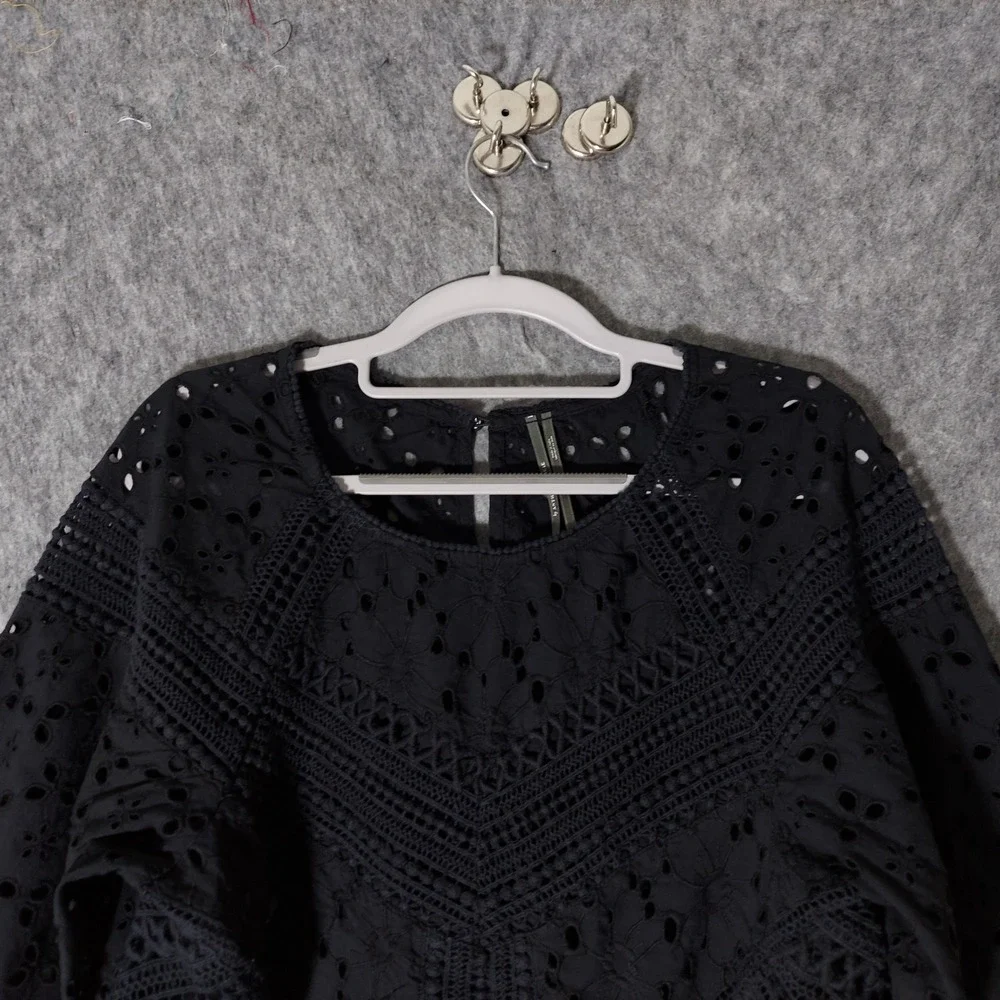 Anthropologie Women Blouse M Black Festival Eyelet Balloon Sleeve Crochet Tunic